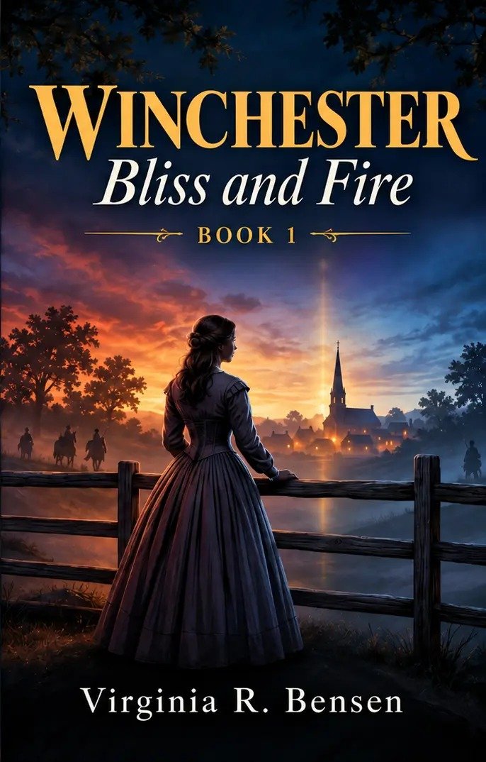 Winchester: Bliss and Fire book cover: a woman in a blue dress at a wooden fence, watching a beam of light rise over a church spire at dusk